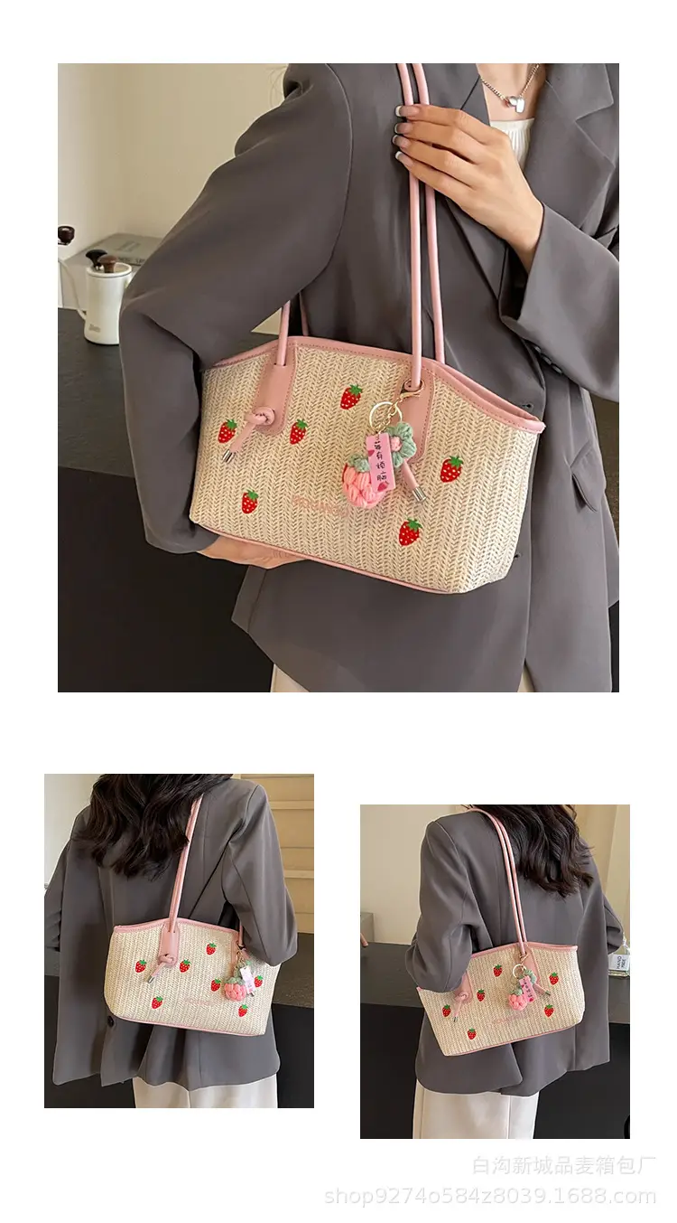 Straw Tote Bag Women Large Capacity Strawberry Embroidered — feature 11