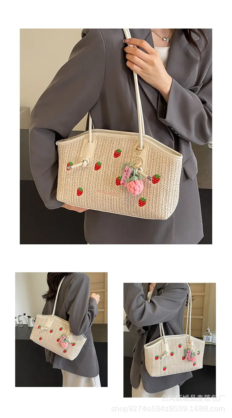Straw Tote Bag Women Large Capacity Strawberry Embroidered — feature 9