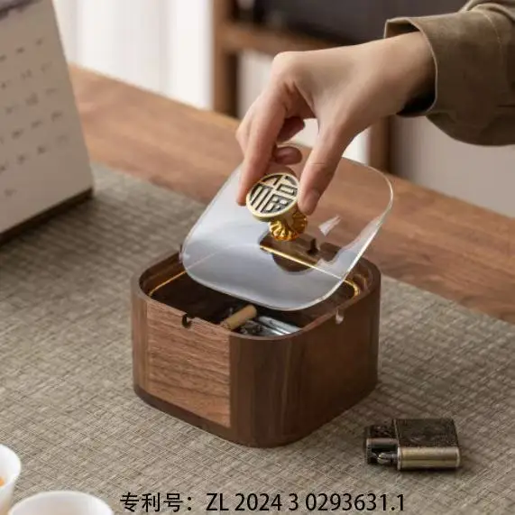 Walnut Ashtray Home Living Room with Lid Anti-Fly Ash Stainless Steel Liner Creative Office Quality Ashtray