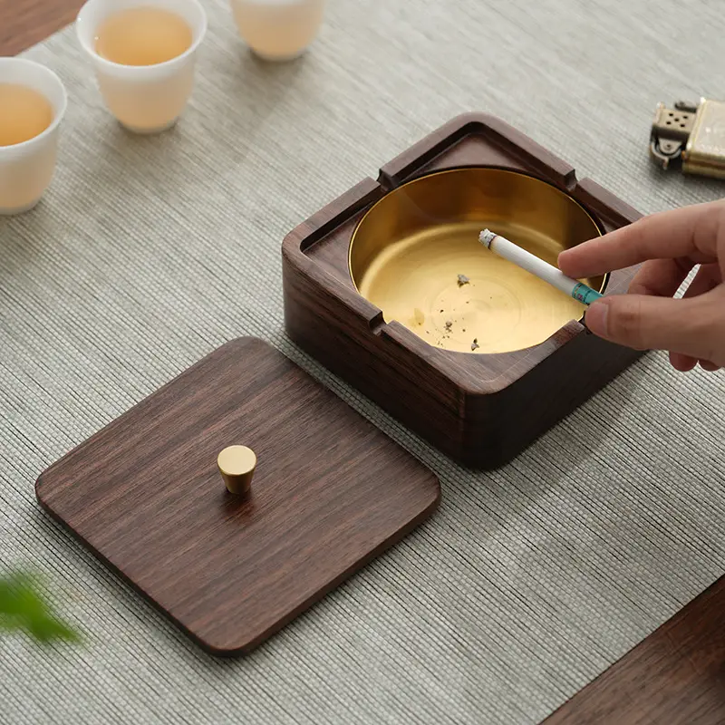 Walnut Ashtray Home Living Room with Lid Anti-Fly Ash Stainless Steel Liner Creative Office Quality Ashtray