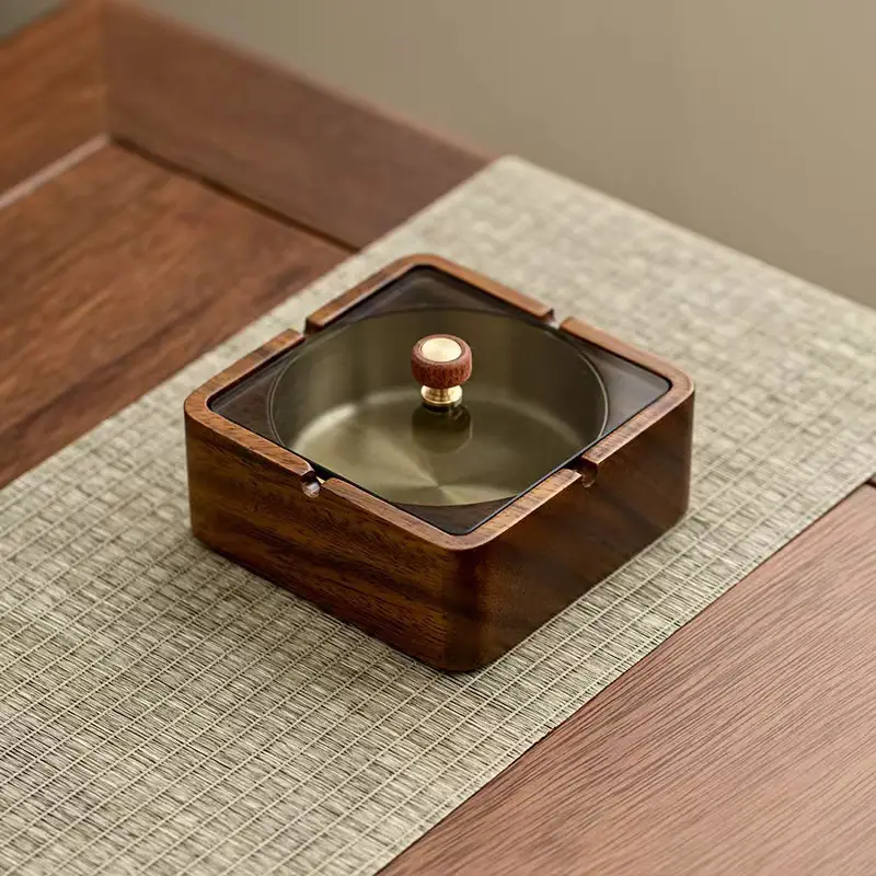 Walnut Ashtray Home Living Room with Lid Anti-Fly Ash Stainless Steel Liner Creative Office Quality Ashtray — feature 10