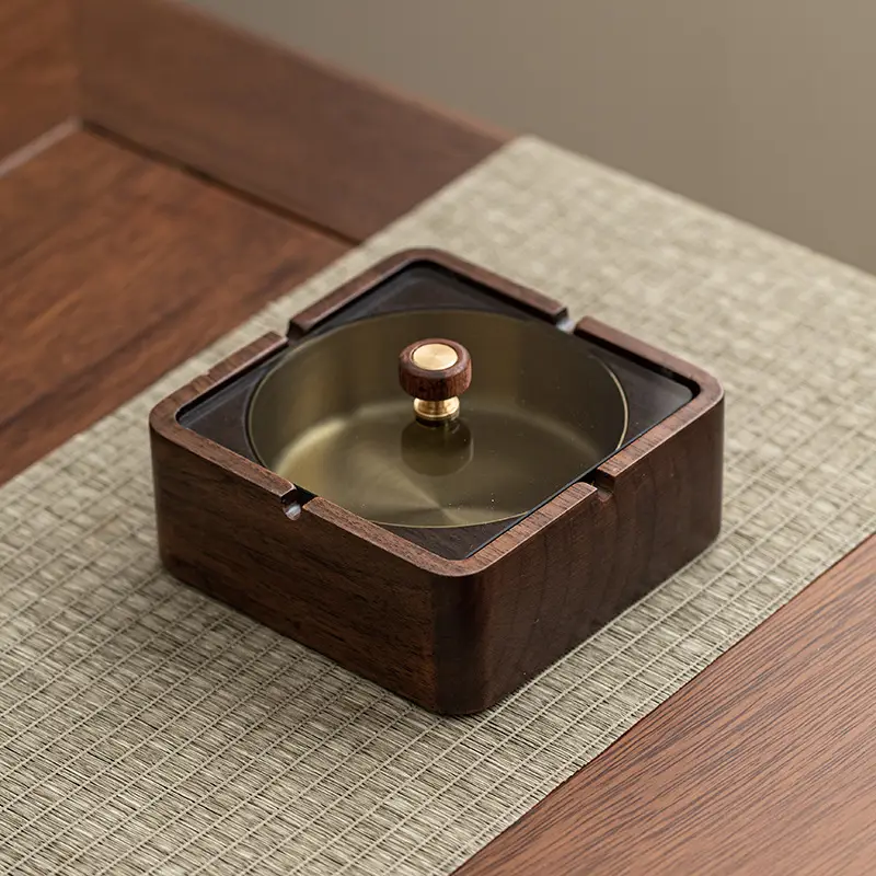 Walnut Ashtray Home Living Room with Lid Anti-Fly Ash Stainless Steel Liner Creative Office Quality Ashtray — feature 11