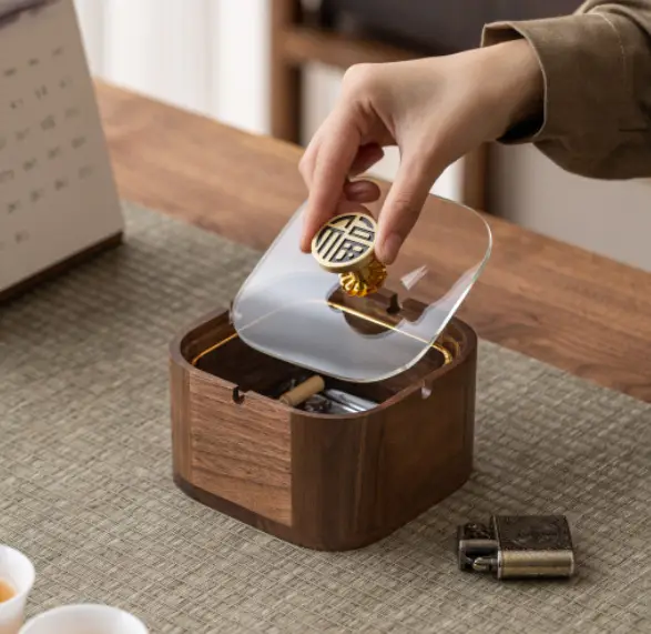Walnut Ashtray Home Living Room with Lid Anti-Fly Ash Stainless Steel Liner Creative Office Quality Ashtray — feature 15