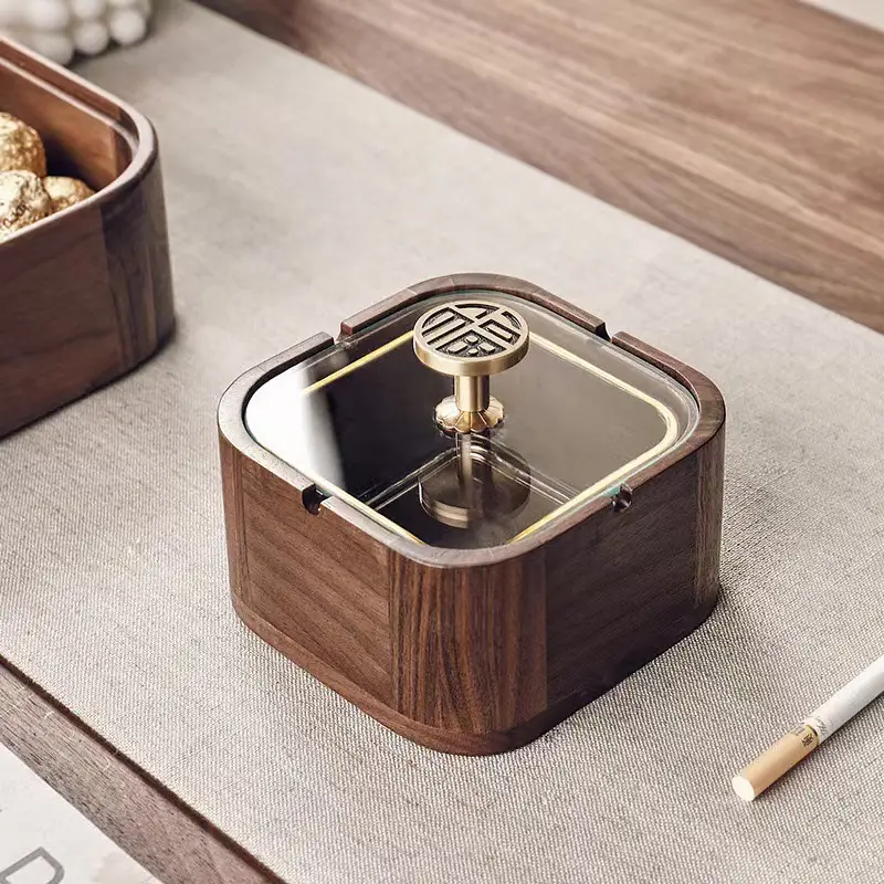 Walnut Ashtray Home Living Room with Lid Anti-Fly Ash Stainless Steel Liner Creative Office Quality Ashtray — feature 16