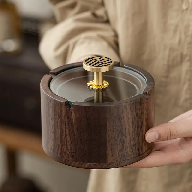Walnut Ashtray Home Living Room with Lid Anti-Fly Ash Stainless Steel Liner Creative Office Quality Ashtray — feature 17