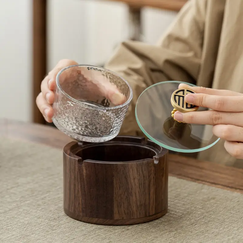 Walnut Ashtray Home Living Room with Lid Anti-Fly Ash Stainless Steel Liner Creative Office Quality Ashtray — feature 18