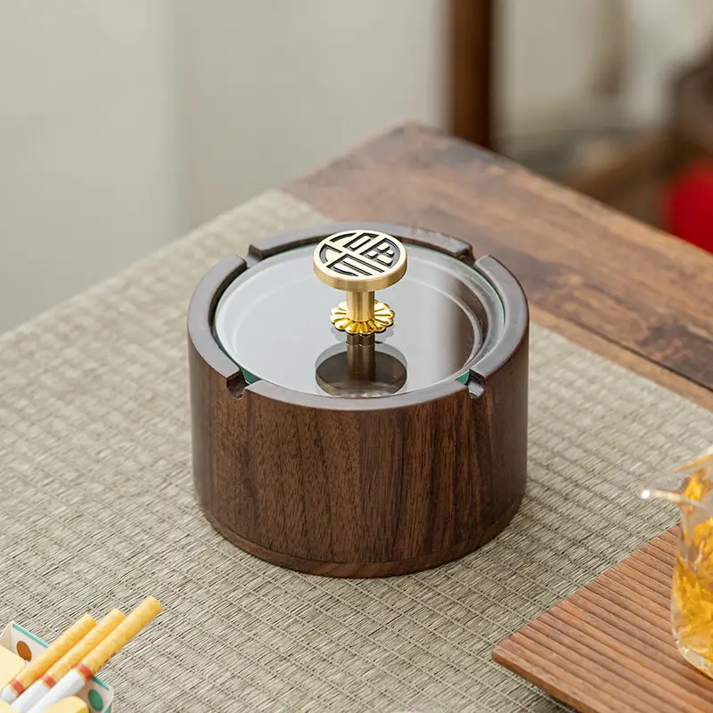 Walnut Ashtray Home Living Room with Lid Anti-Fly Ash Stainless Steel Liner Creative Office Quality Ashtray — feature 19