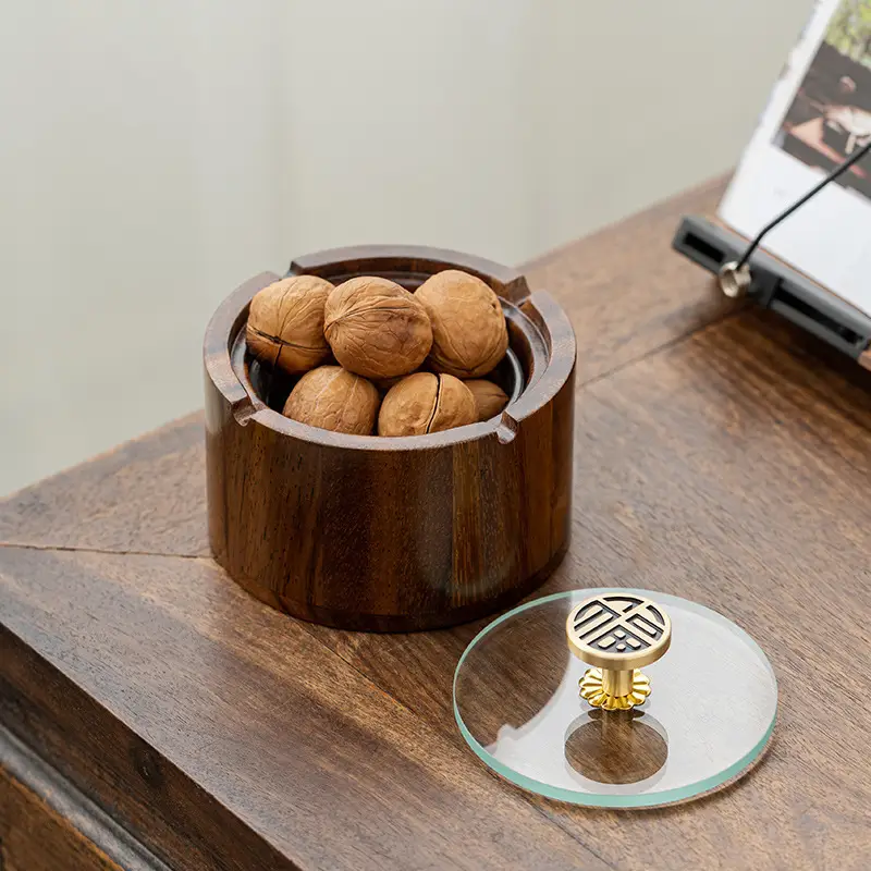 Walnut Ashtray Home Living Room with Lid Anti-Fly Ash Stainless Steel Liner Creative Office Quality Ashtray — feature 20