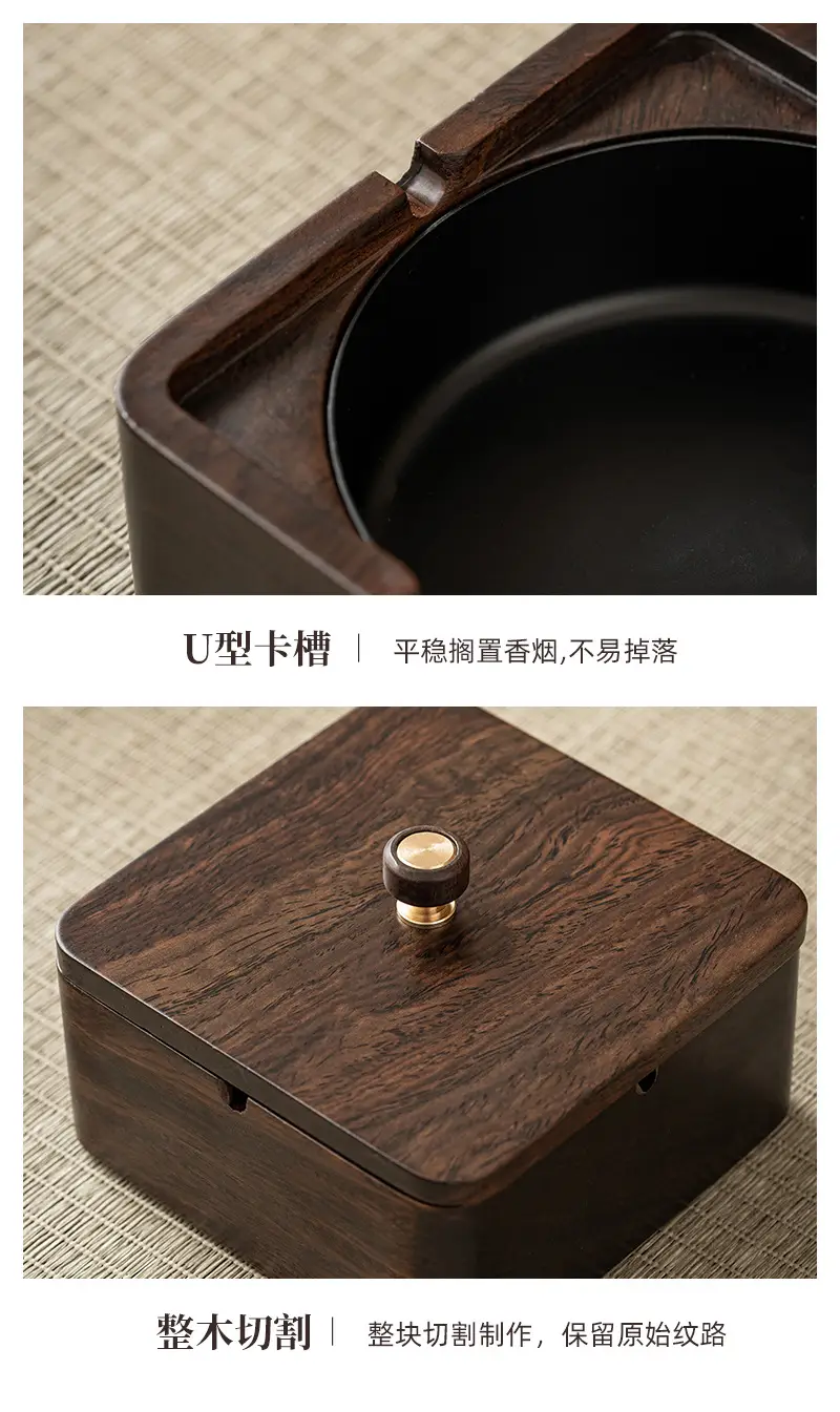 Walnut Ashtray Home Living Room with Lid Anti-Fly Ash Stainless Steel Liner Creative Office Quality Ashtray — feature 25