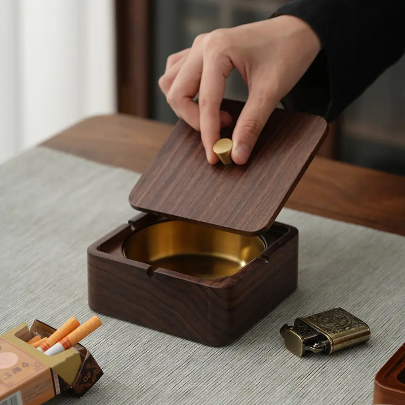 Walnut Ashtray Home Living Room with Lid Anti-Fly Ash Stainless Steel Liner Creative Office Quality Ashtray — feature 6