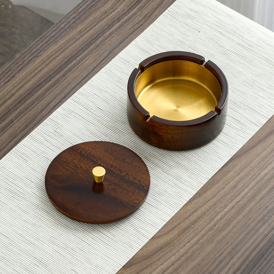 Walnut Ashtray Home Living Room with Lid Anti-Fly Ash Stainless Steel Liner Creative Office Quality Ashtray — feature 7