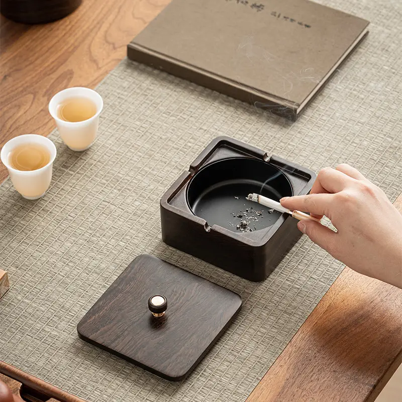Walnut Ashtray Home Living Room with Lid Anti-Fly Ash Stainless Steel Liner Creative Office Quality Ashtray — feature 8