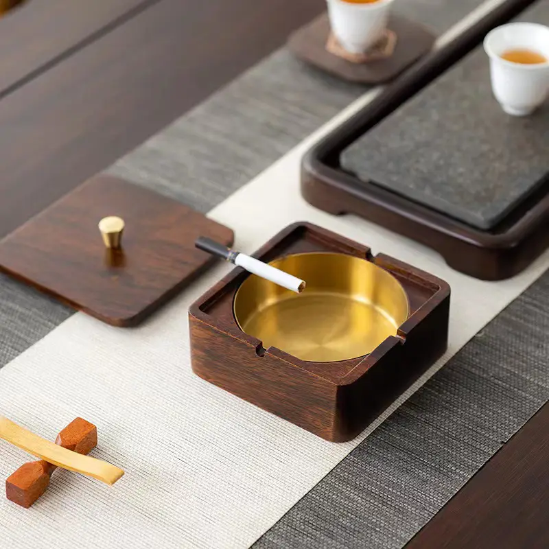 Walnut Ashtray Home Living Room with Lid Anti-Fly Ash Stainless Steel Liner Creative Office Quality Ashtray — feature 9