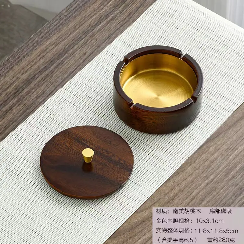 Walnut Ashtray Home Living Room with Lid Anti-Fly Ash Stainless Steel Liner Creative Office Quality Ashtray