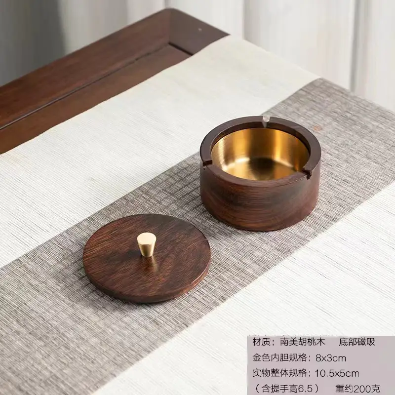 Walnut Ashtray Home Living Room with Lid Anti-Fly Ash Stainless Steel Liner Creative Office Quality Ashtray