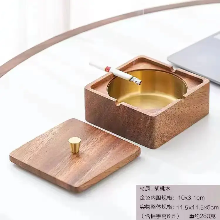Walnut Ashtray Home Living Room with Lid Anti-Fly Ash Stainless Steel Liner Creative Office Quality Ashtray
