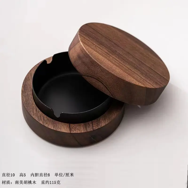 Walnut Ashtray Home Living Room with Lid Anti-Fly Ash Stainless Steel Liner Creative Office Quality Ashtray
