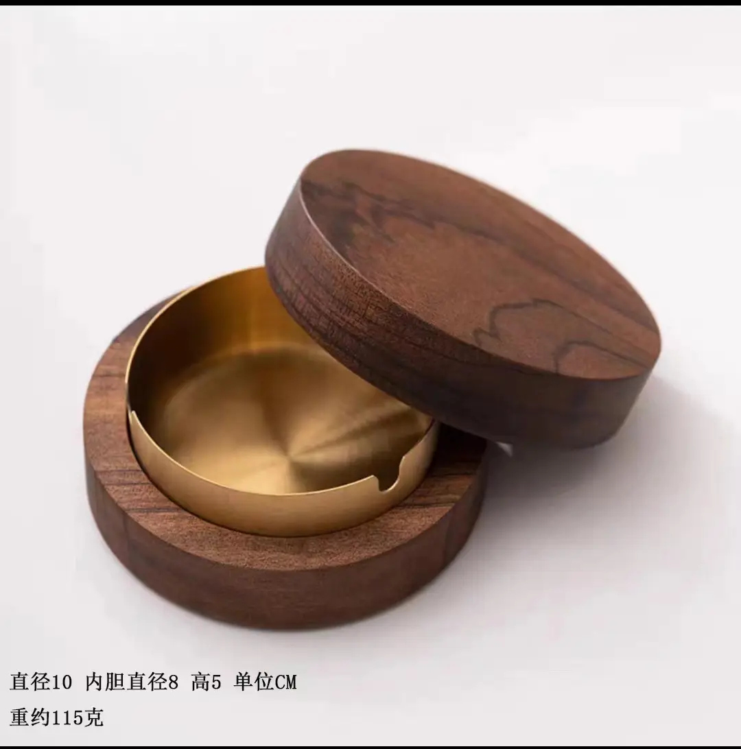 Walnut Ashtray Home Living Room with Lid Anti-Fly Ash Stainless Steel Liner Creative Office Quality Ashtray