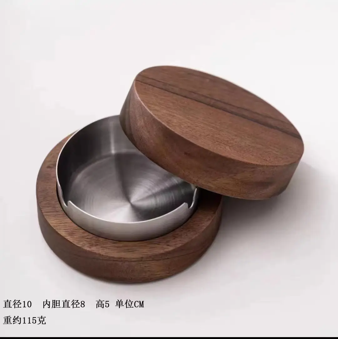 Walnut Ashtray Home Living Room with Lid Anti-Fly Ash Stainless Steel Liner Creative Office Quality Ashtray