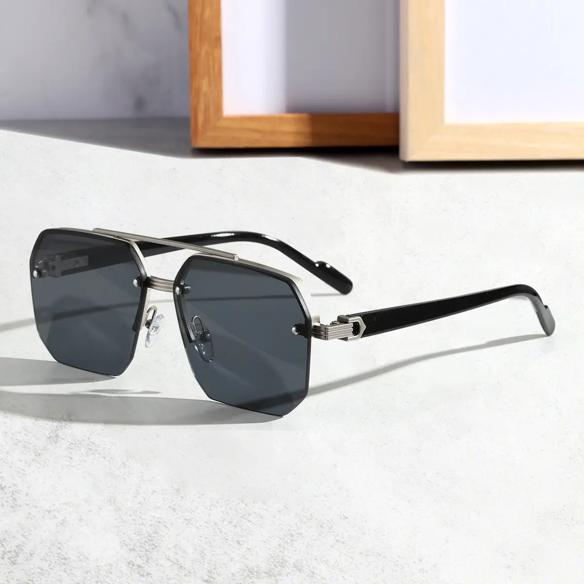 Men UV Protective Half Frame Sunglasses Black - Image 8