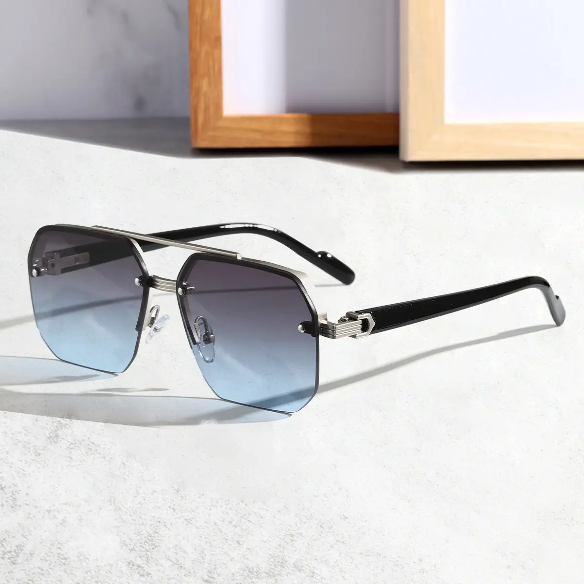 silver frame black leg gray blue sheet