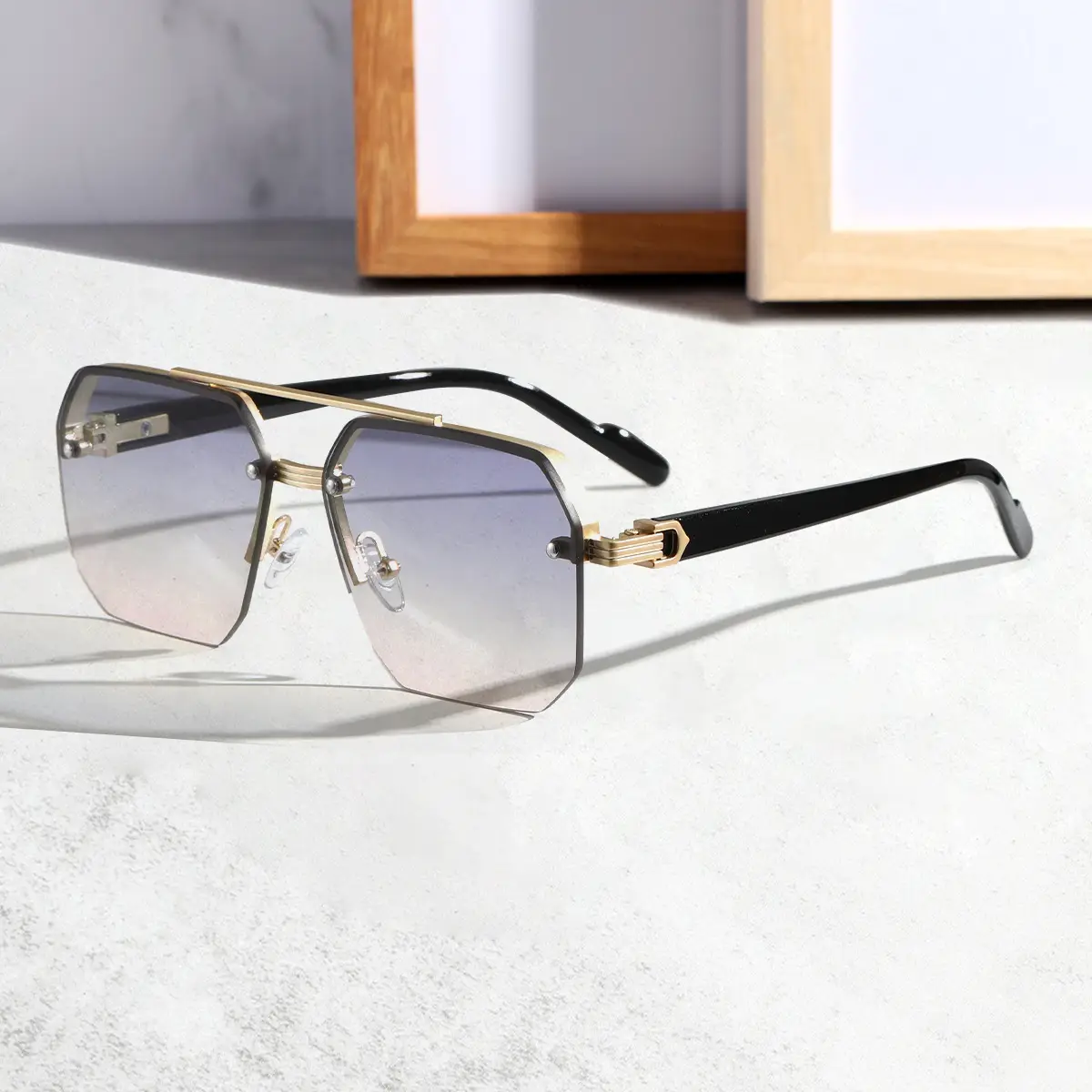 Men UV Protective Half Frame Sunglasses Black - Image 2