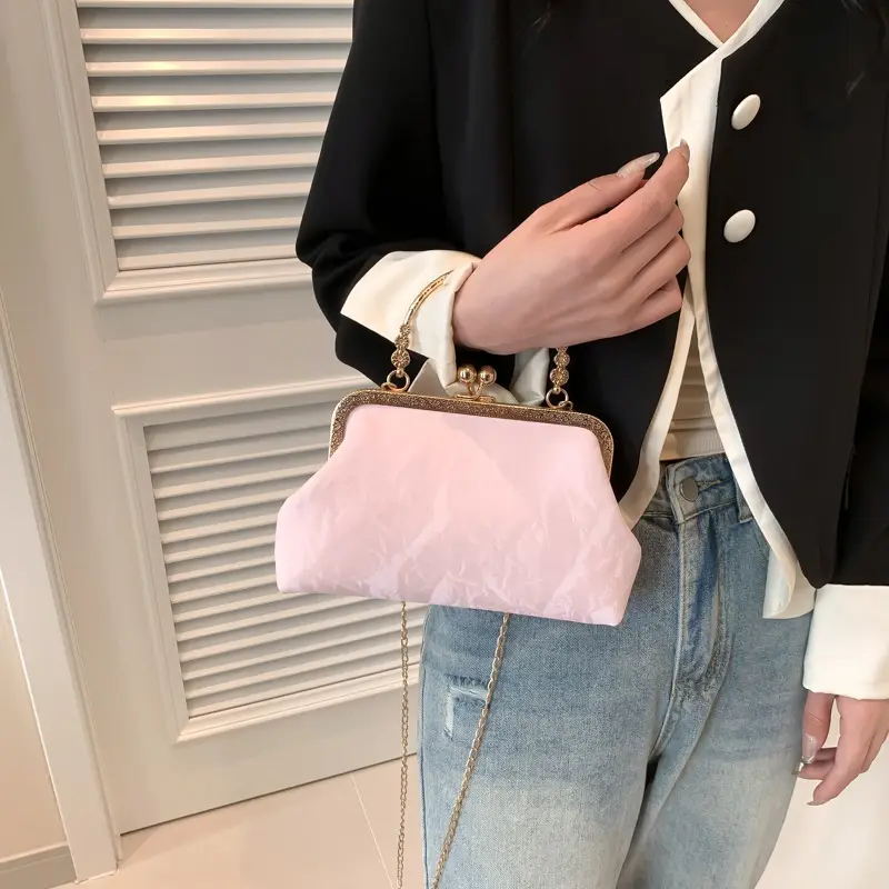 Pink Velvet Clip Chain Shoulder Bag for Women - Image 7