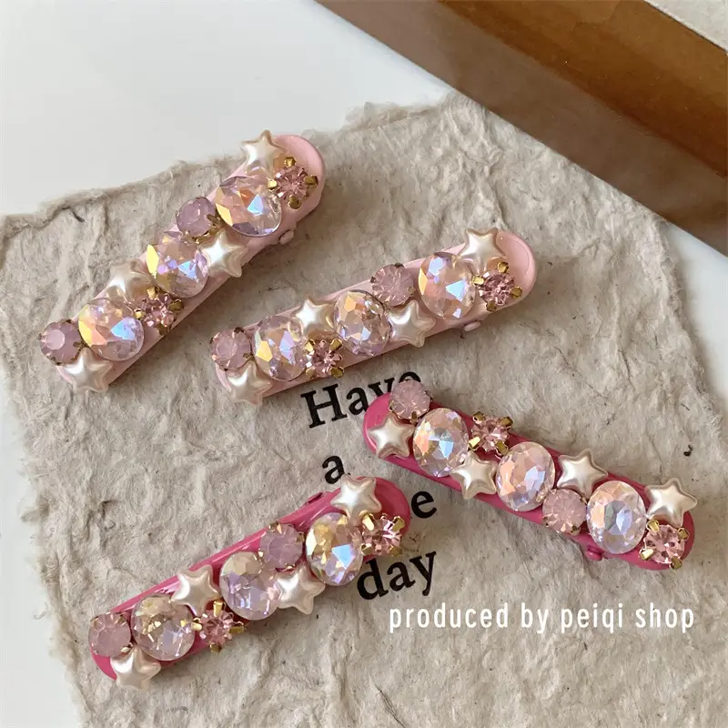 Japanese Korean Pink Flash Diamond Five Star Hairpin Clips - Image 3