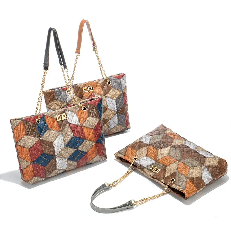 Women Color Diamond Embroidered Tote Bag with Chain Strap