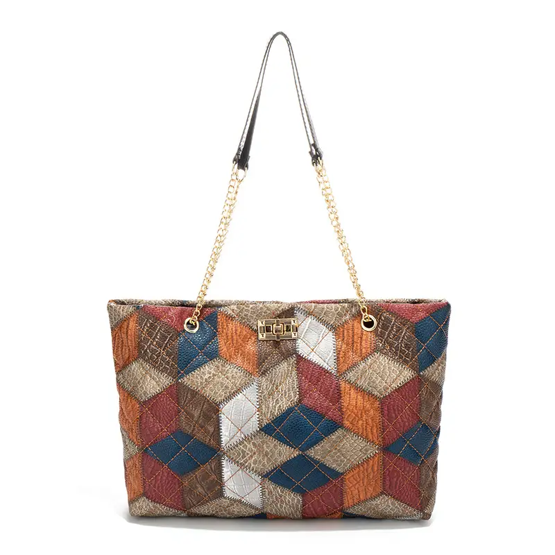 Women Color Diamond Embroidered Tote Bag with Chain Strap