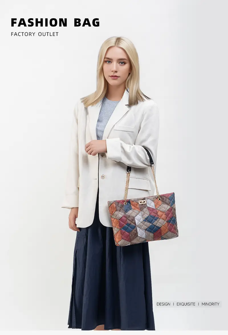 Women Color Diamond Embroidered Tote Bag with Chain Strap — feature 1