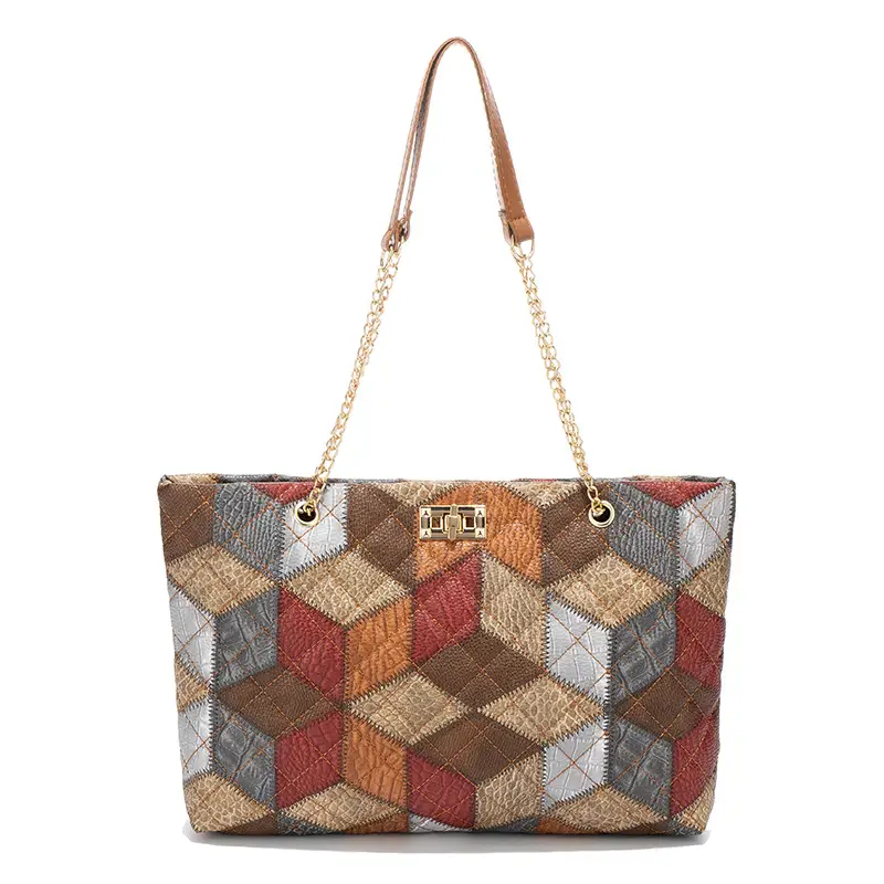 Women Color Diamond Embroidered Tote Bag with Chain Strap