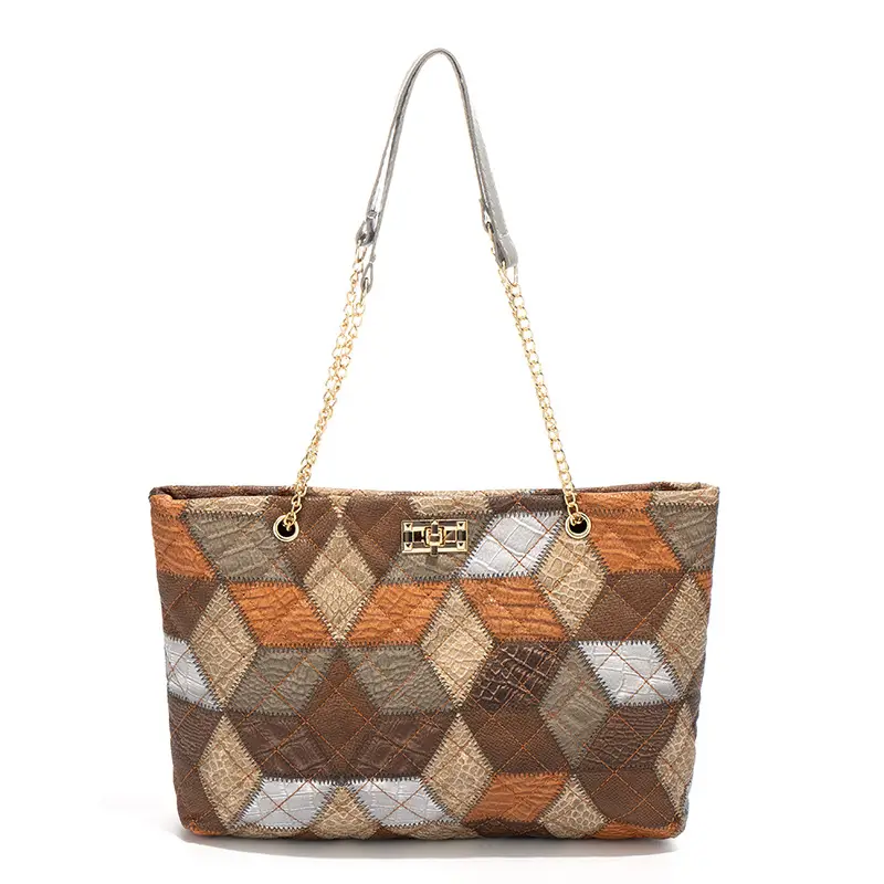 Women Color Diamond Embroidered Tote Bag with Chain Strap