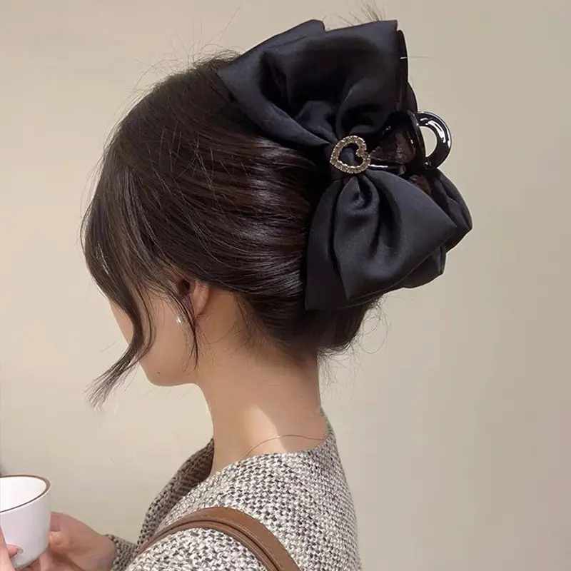 Black Satin Bow Hair Clip with Diamond Back - Image 121