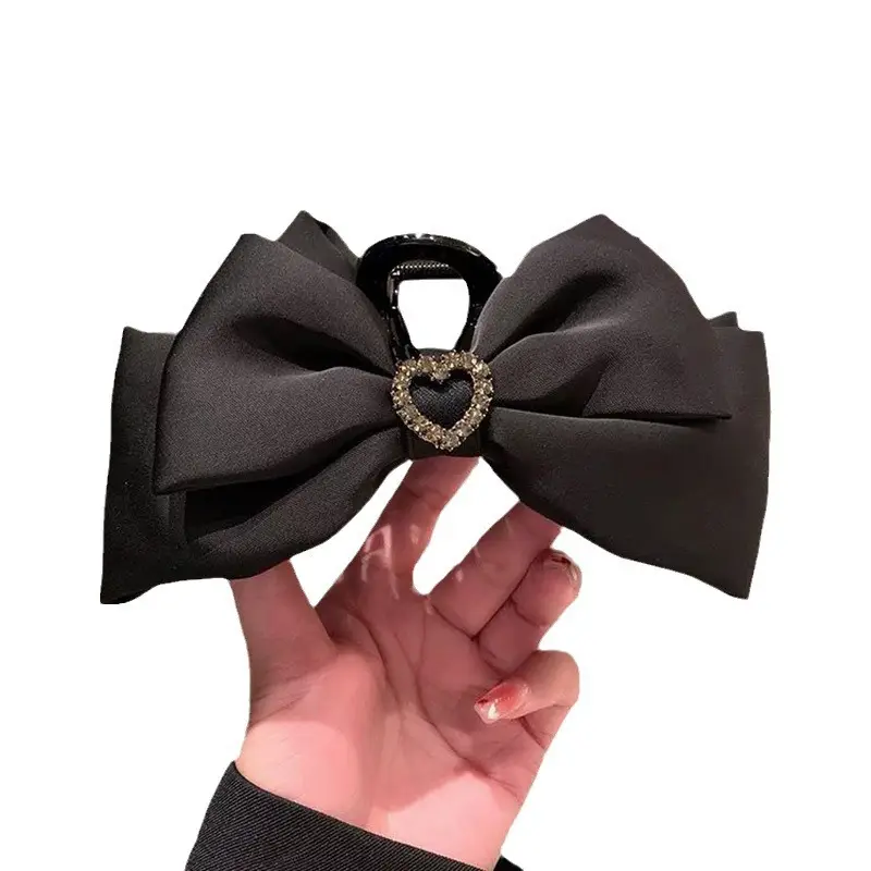 Black Satin Bow Hair Clip with Diamond Back - Image 123