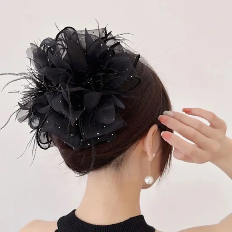 Black Satin Bow Hair Clip with Diamond Back — feature 20