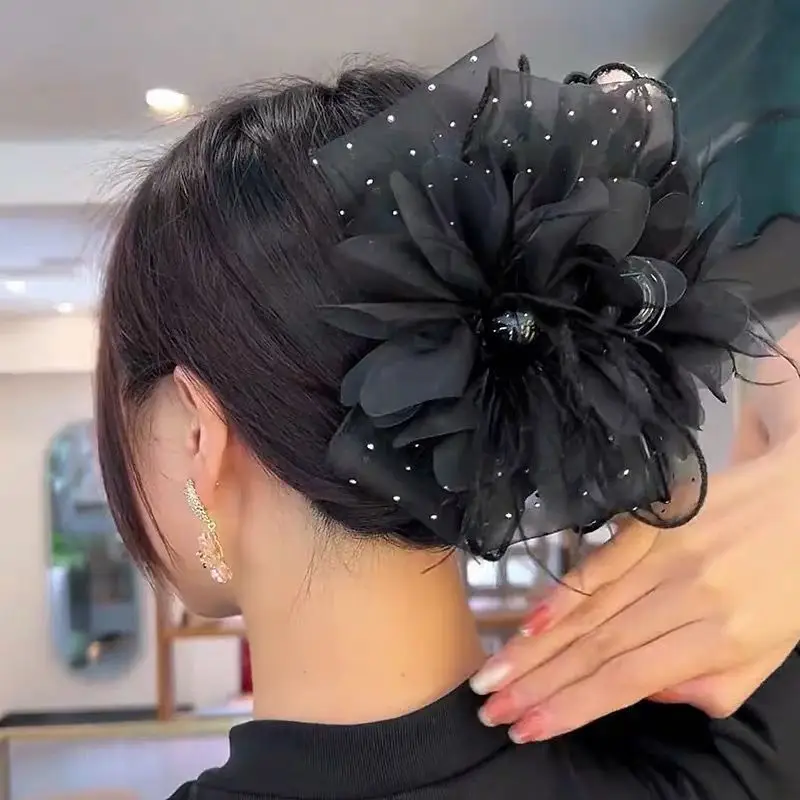 Black Satin Bow Hair Clip with Diamond Back — feature 22
