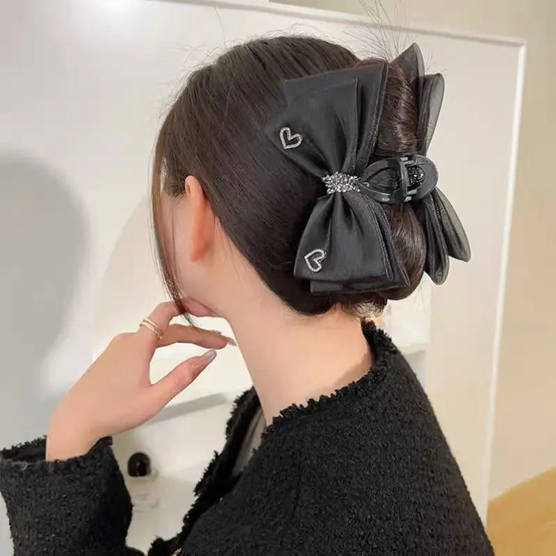 Black Satin Bow Hair Clip with Diamond Back — feature 24
