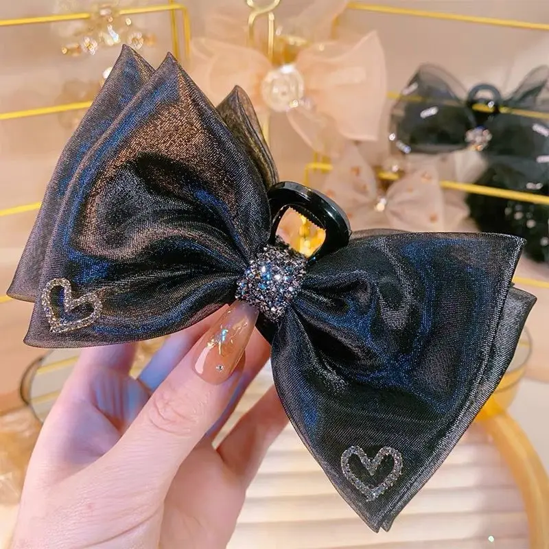 Black Satin Bow Hair Clip with Diamond Back — feature 25