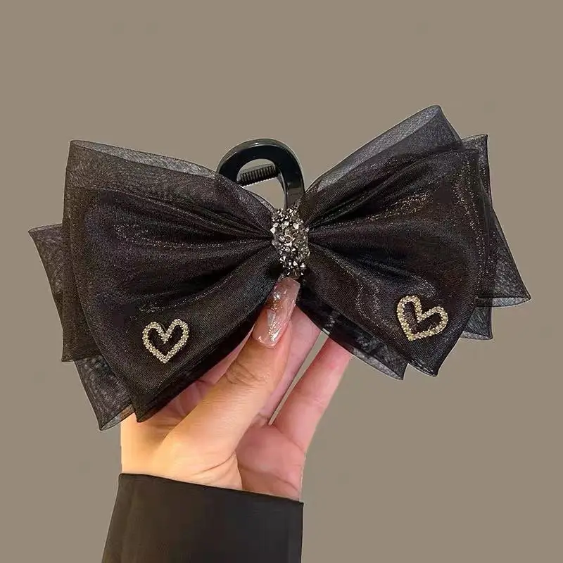 Black Satin Bow Hair Clip with Diamond Back — feature 27
