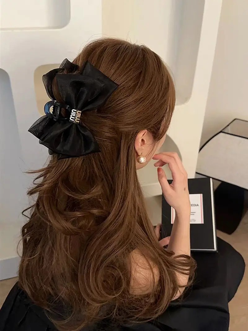 Black Satin Bow Hair Clip with Diamond Back — feature 28