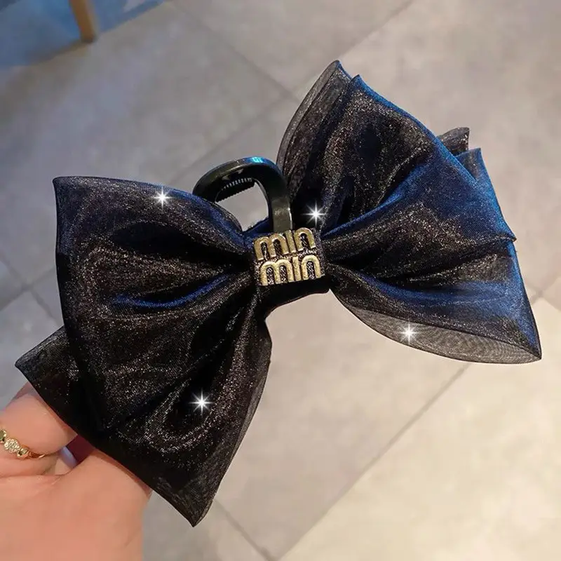 Black Satin Bow Hair Clip with Diamond Back — feature 30
