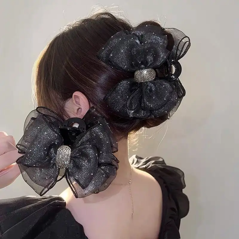 Black Satin Bow Hair Clip with Diamond Back — feature 31