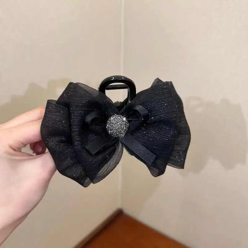 Black Satin Bow Hair Clip with Diamond Back — feature 35