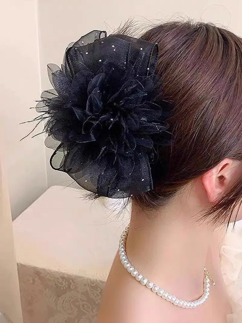 Black Satin Bow Hair Clip with Diamond Back — feature 36