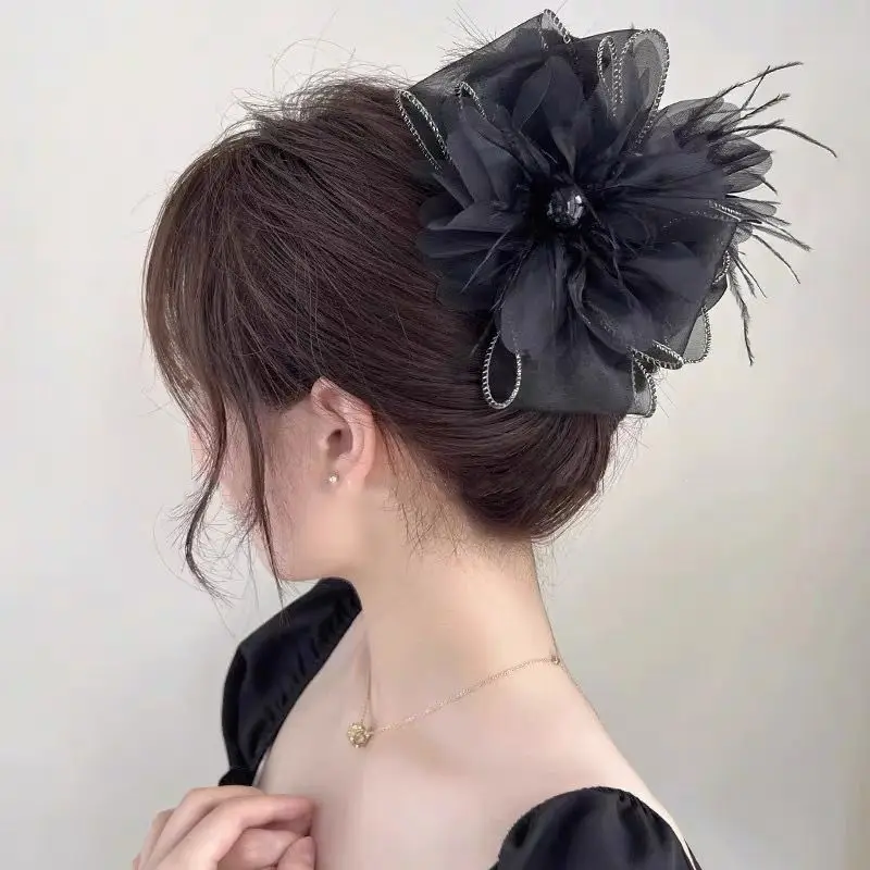 Black Satin Bow Hair Clip with Diamond Back — feature 37
