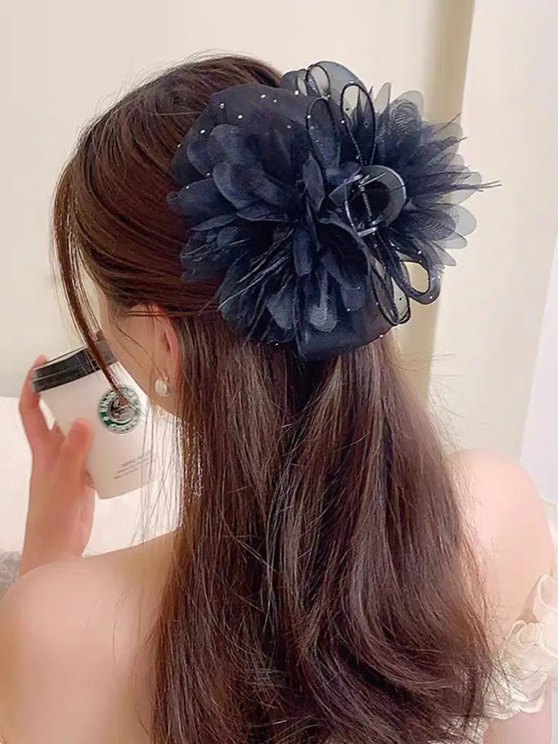Black Satin Bow Hair Clip with Diamond Back — feature 38