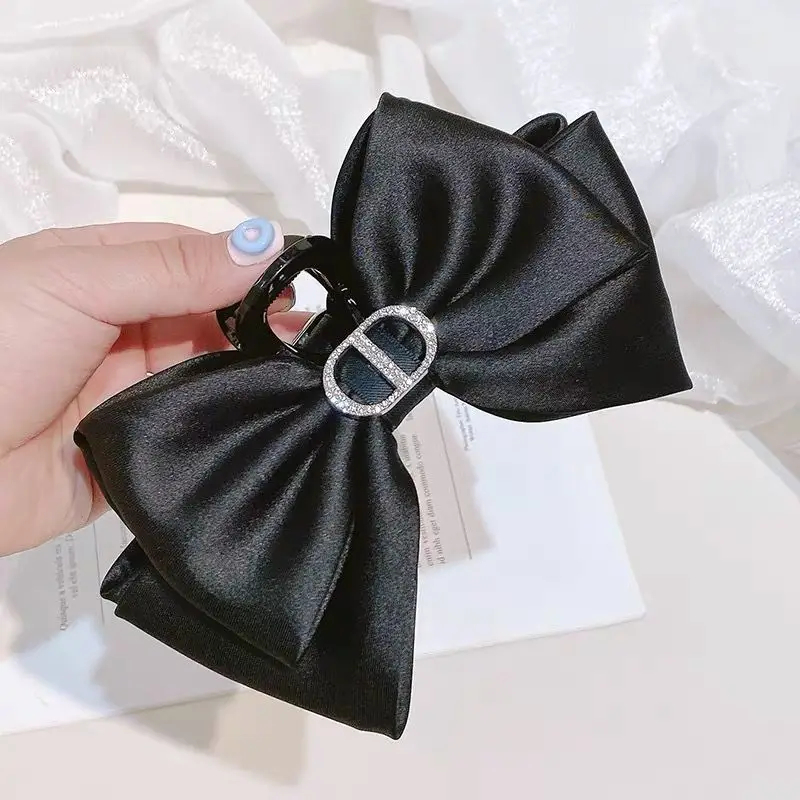 Black Satin Bow Hair Clip with Diamond Back — feature 40