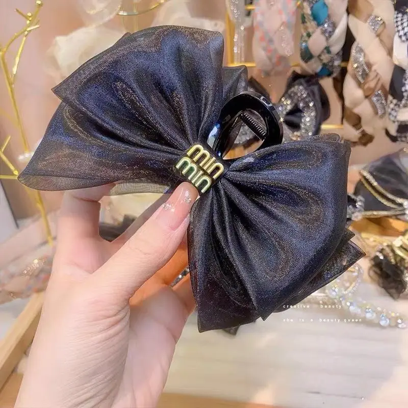 Black Satin Bow Hair Clip with Diamond Back — feature 39