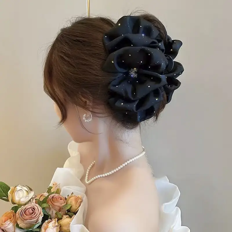 Black Satin Bow Hair Clip with Diamond Back - Image 16